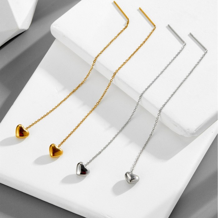 Titanium steel long heart-shaped earrings for women, 2023 trendy heart earrings that make the face look slimmer, ear chain for women