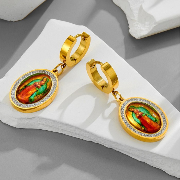Elegant colorful resin oval pendant with full diamond inlay, clavicle chain, Teacher's Day gift, titanium steel necklace and earring set