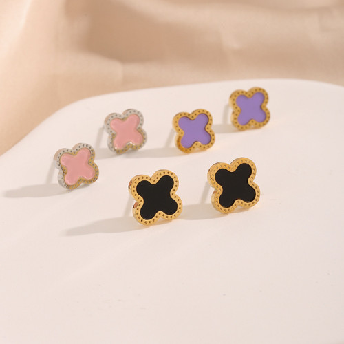 Korean-style 18k rose gold titanium steel four-leaf clover earrings for women, simple shell design, high-end feel, trendy and unique earrings