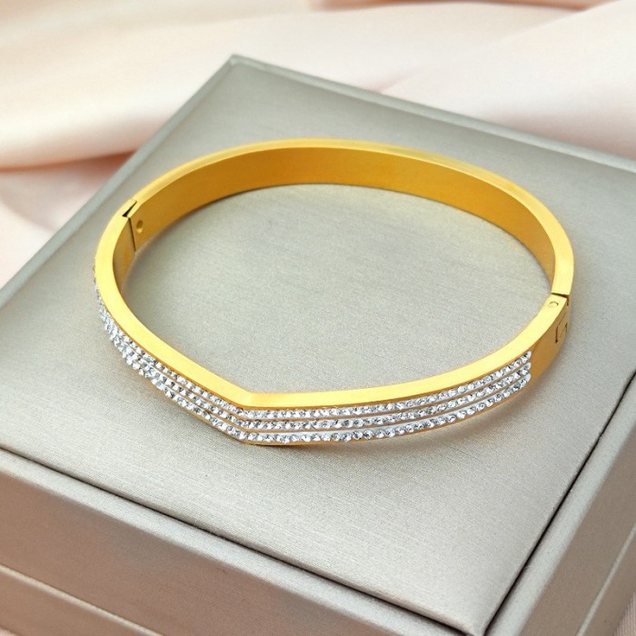 European and American style large artistic bracelet, round wide titanium steel clasp bracelet for women, simple three-row diamond-encrusted cross-border bestseller