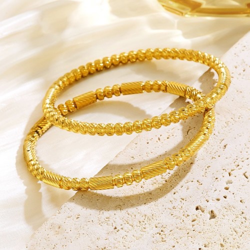 Fashionable Commuting Minimalist Style Women's Bracelet Stainless Steel Geometric Texture Bead Design Gold-Plated Bangle