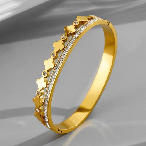 New cross-border titanium steel diamond-encrusted four-leaf clover bracelet, vacuum-plated double-layer four-leaf flower bracelet, simple and elegant luxury jewelry
