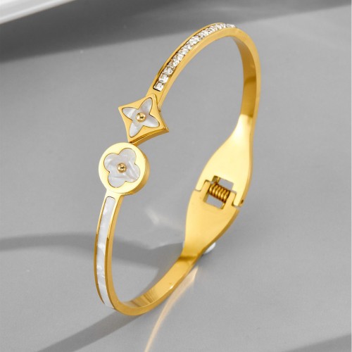 Korean-style fashionable four-leaf clover mother-of-pearl diamond-embellished bracelet, 18K gold-plated, light luxury ins minimalist design titanium steel women's bracelet