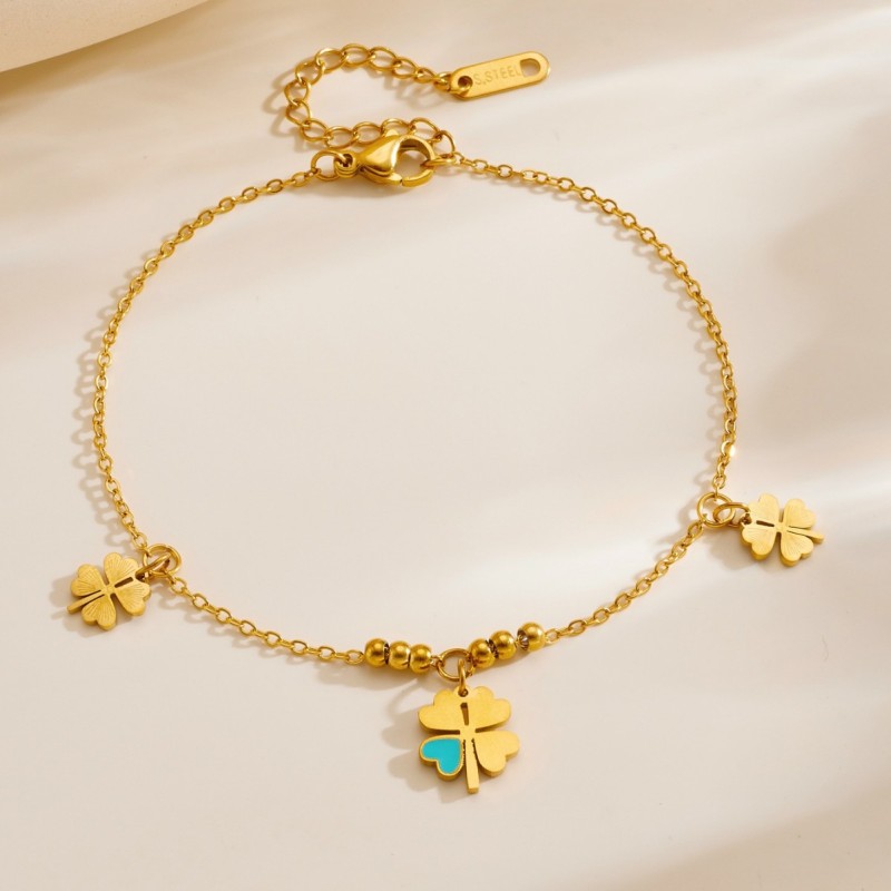 Lucky four-leaf clover bracelet titanium steel anklet ins design Korean style fashion personality high-end versatile bracelet for women