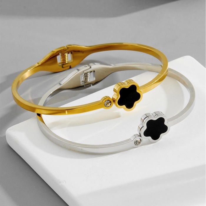 New stainless steel small floral open bracelet for women, high-end feel, real gold plating, diamond inlay, exquisite internet celebrity style bracelet