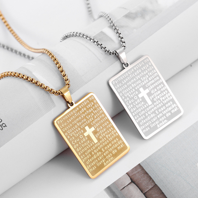 European and American cross-border men's prayer cross stainless steel square necklace, niche personalized women's accessories wholesale