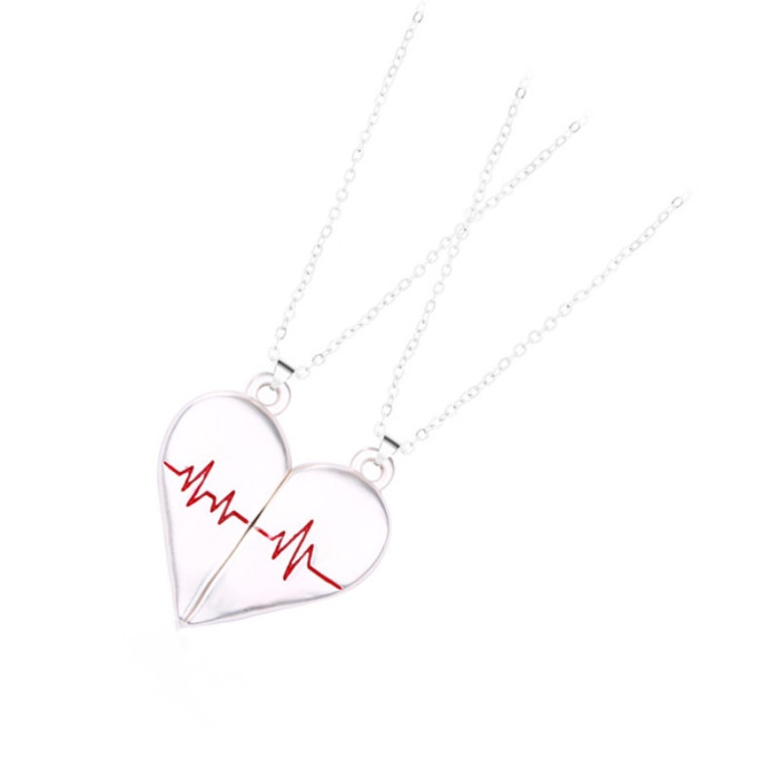 Magnetic Heart ECG Couple Pendant, Niche Design Collarbone Chain, Pair of Magnetic ECG Necklaces
