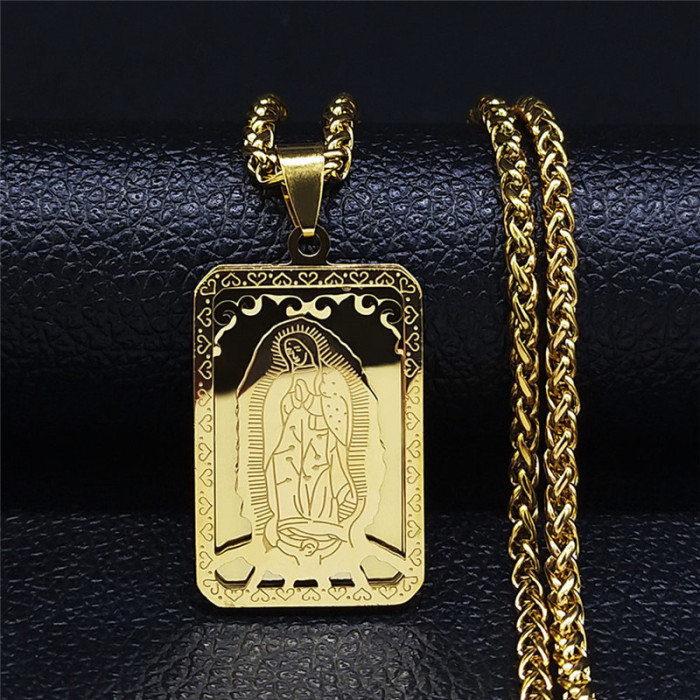 European and American cross-border square vintage portrait prayer necklace for women and men, stainless steel gold medal necklace jewelry