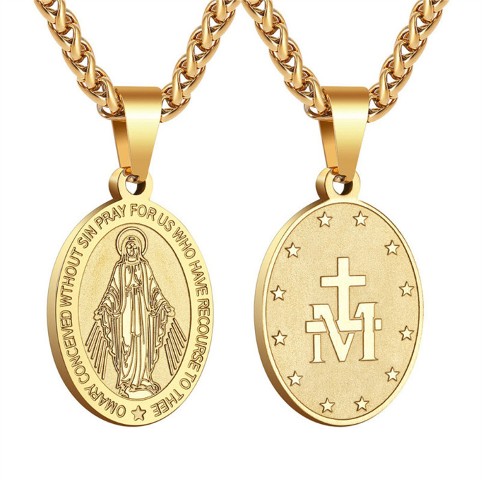 European and American cross-border double-sided vintage portrait cross stainless steel pendant necklace, personalized fashion jewelry for men and women wholesale