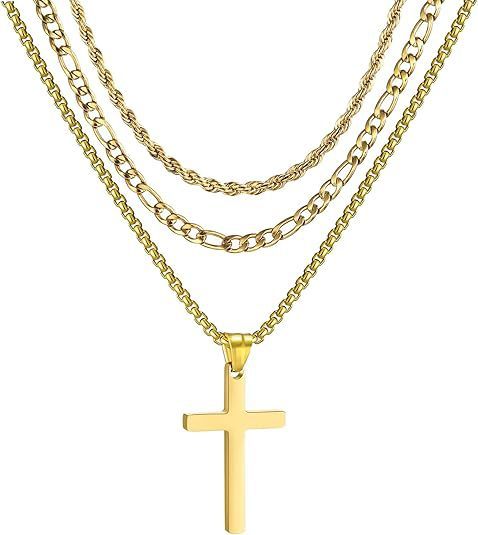 New popular cross-border stainless steel twisted chain, snake bone chain, Cuban chain, double-layer three-piece set with cross pendant jewelry for men
