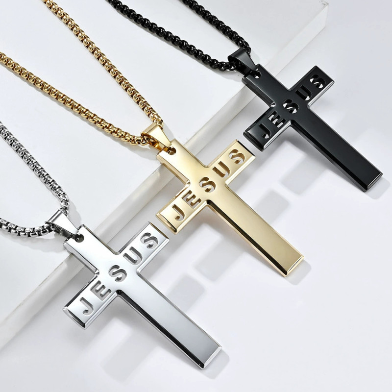 Cross-border Amazon Men's Stainless Steel Cross JESUS Hip-Hop Stainless Steel Pendant Necklace Personalized Jewelry Wholesale