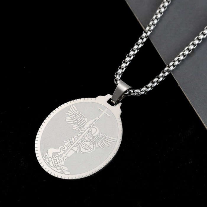 European and American popular fashion new model Archangel Saint Michael stainless steel pendant personalized trendy men's necklace accessory