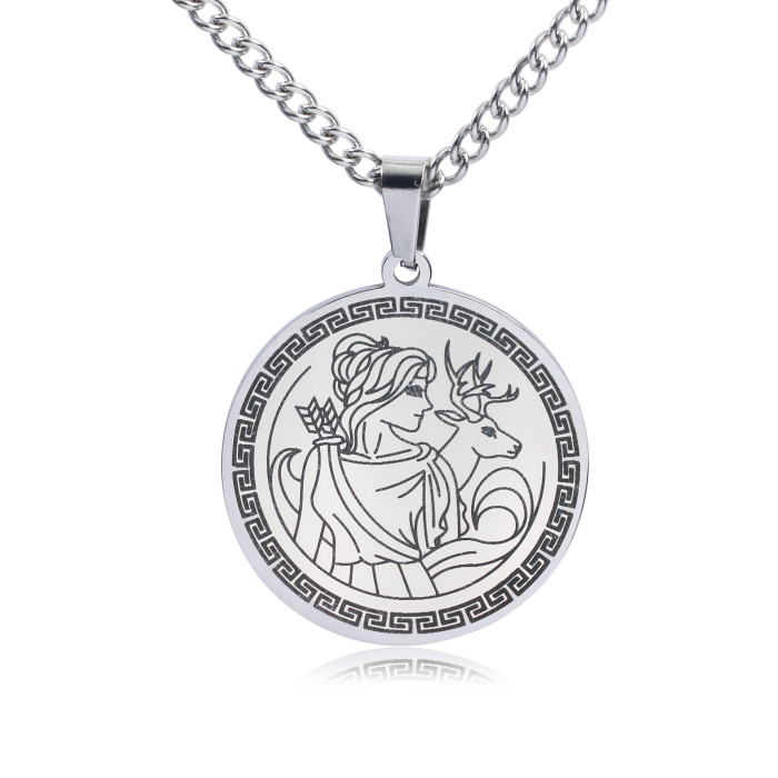 Cross-border titanium steel ancient Greek Olympian twelve gods hunting goddess Artemis round pendant necklace