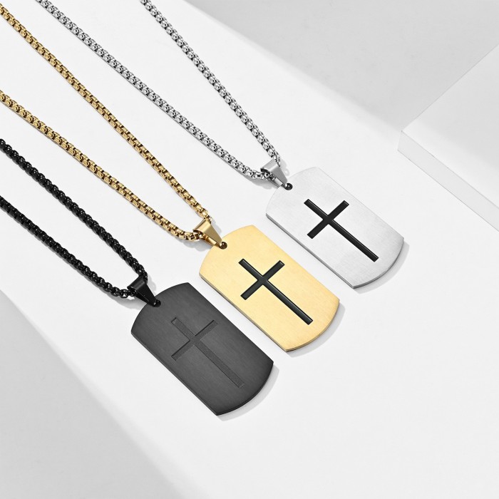 European and American cross-border stainless steel military dog tag necklace, simple cross pendant, men's hip-hop niche personalized dog tag accessory