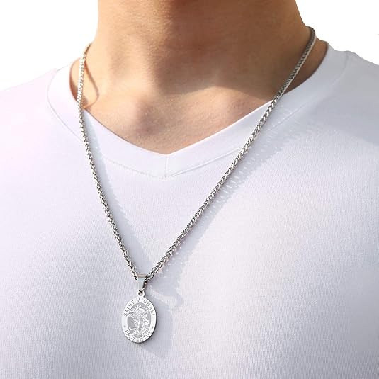 Cross-border Amazon stainless steel oval coin pendant vintage Saint Michael angel portrait necklace for men and women