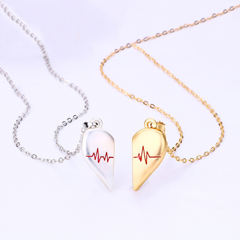 Magnetic Heart ECG Couple Pendant, Niche Design Collarbone Chain, Pair of Magnetic ECG Necklaces
