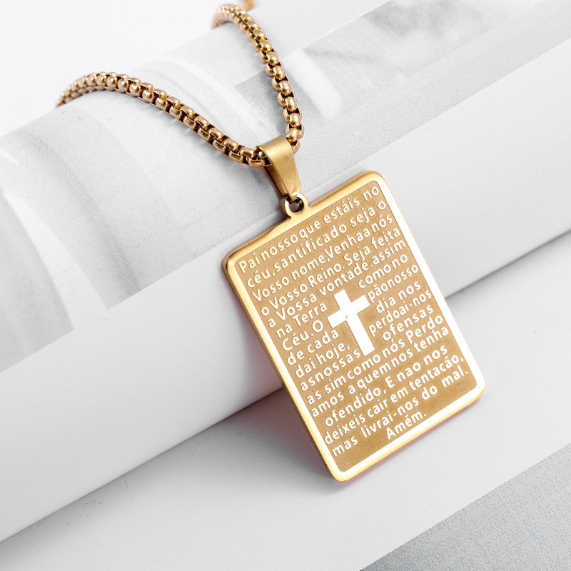 European and American cross-border men's prayer cross stainless steel square necklace, niche personalized women's accessories wholesale