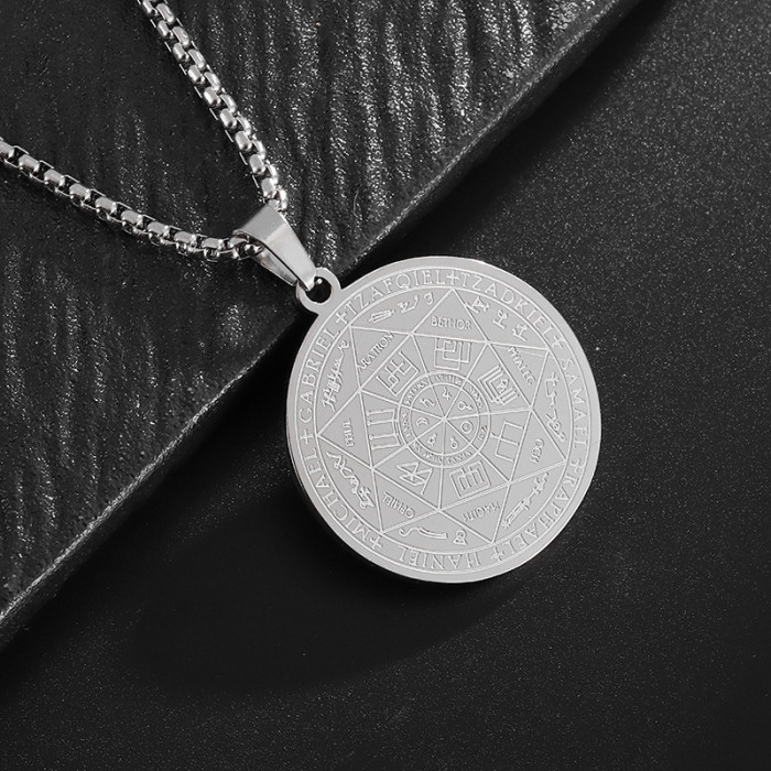 European and American religious scripture seven archangels medal sealed tag rune pendant stainless steel round pendant necklace men's accessory