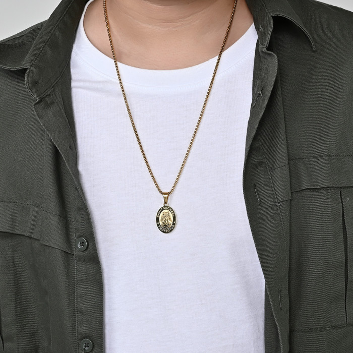 Cross-border Amazon bestseller stainless steel Saint Michael pendant, Saint Michael black men's summer trendy necklace