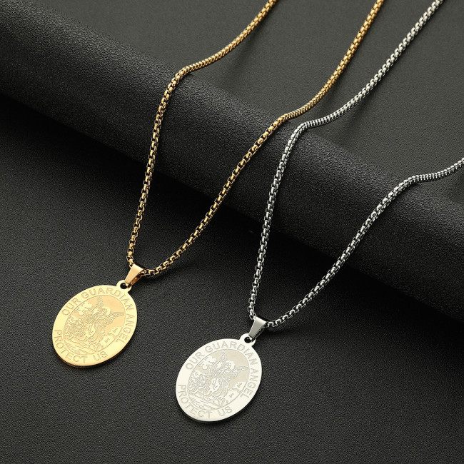 European and American cross-border stainless steel guardian angel pendant titanium steel necklace men's personalized vintage coin necklace jewelry for women