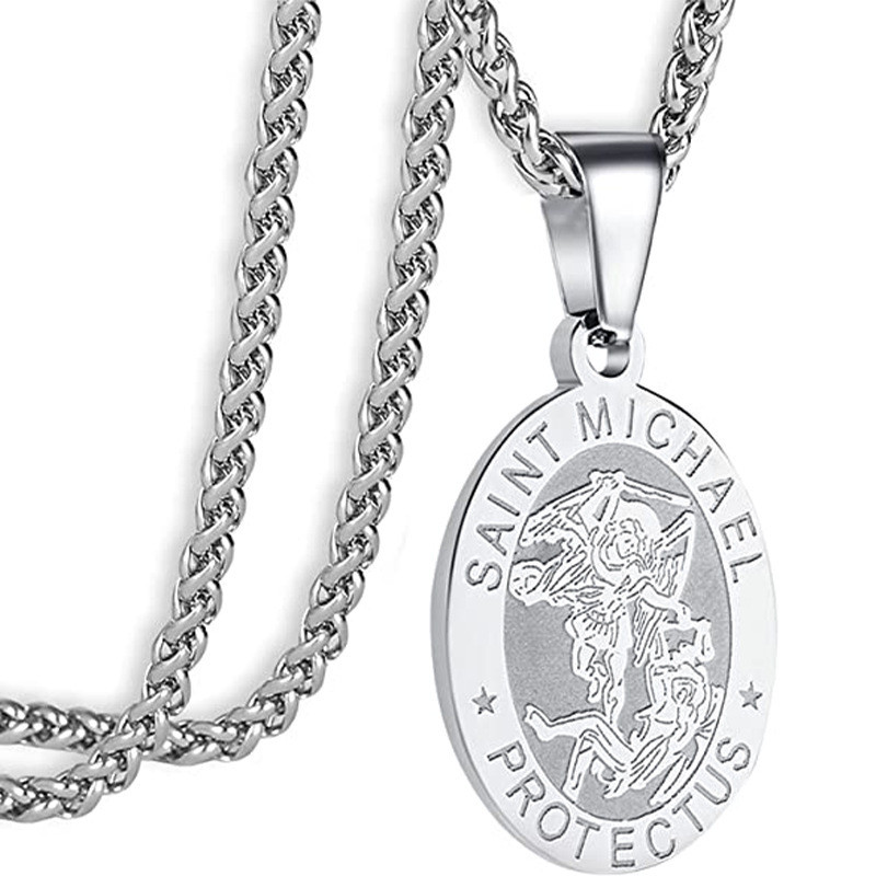 Cross-border Amazon stainless steel oval coin pendant vintage Saint Michael angel portrait necklace for men and women