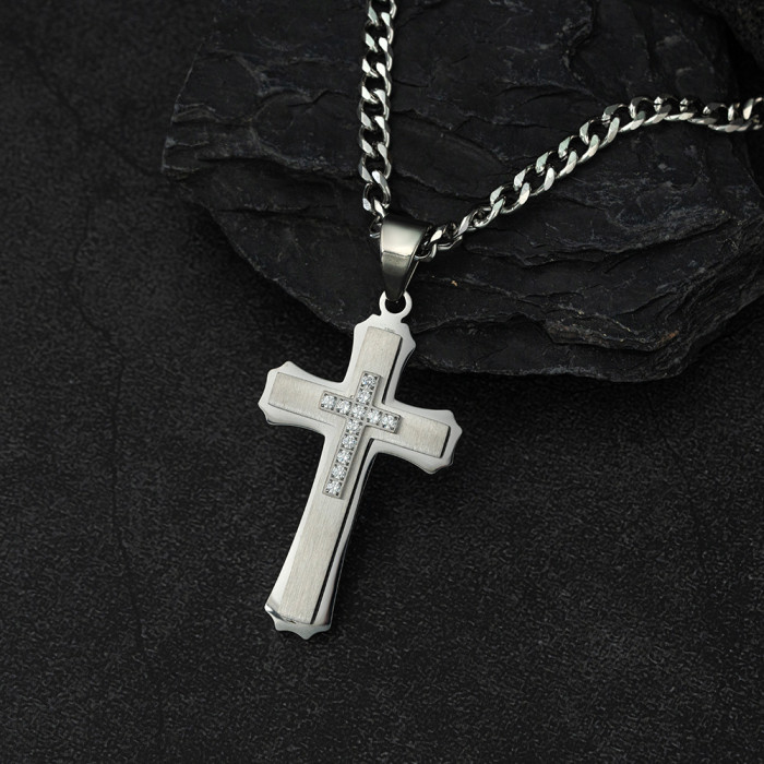 European and American cross-border double-layered three-dimensional diamond-encrusted cross pendant punk style men's titanium steel necklace sweater chain accessory for men
