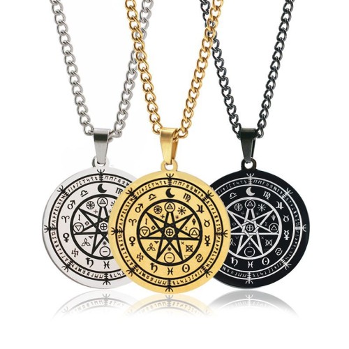 European and American cross-border best-selling witchcraft protection necklace for men, stainless steel 12 zodiac round pendant moon time wheel necklace