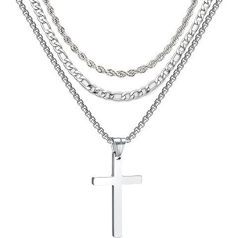 New popular cross-border stainless steel twisted chain, snake bone chain, Cuban chain, double-layer three-piece set with cross pendant jewelry for men