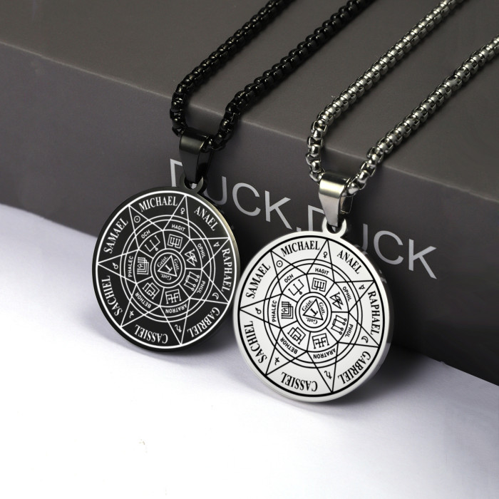 New cross-border Seven Archangels Magic Seal Tag Rune Pendant Stainless Steel Round Totem Seal Necklace for Men