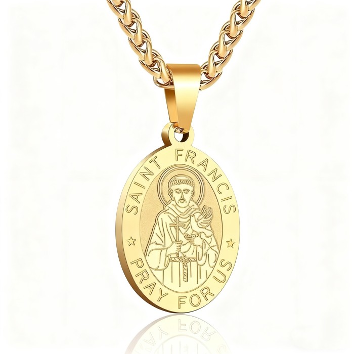 Cross-border Amazon Saint Francis Stainless Steel Guardian Angel Oval Pendant Necklace for Men and Women