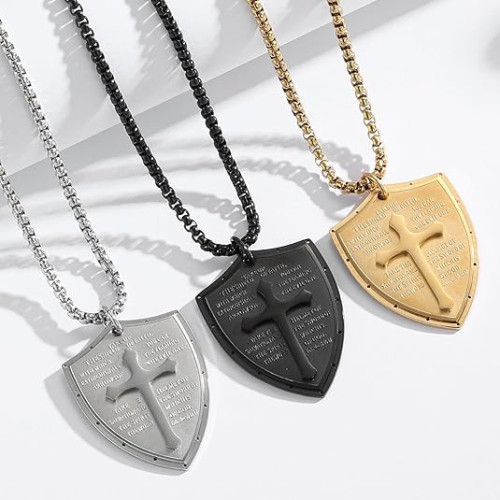 Cross-border Amazon European and American cross and shield multi-layer stainless steel necklace, men's niche personalized pendant jewelry for women