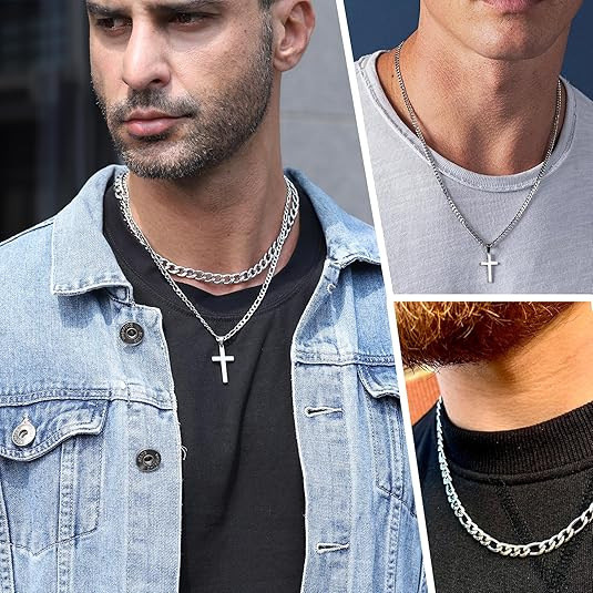New European and American fashion hip-hop Cuban stainless steel double-layer stacked necklace with niche design and minimalist cross pendant