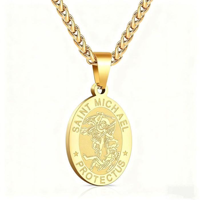 Cross-border Amazon stainless steel oval coin pendant vintage Saint Michael angel portrait necklace for men and women