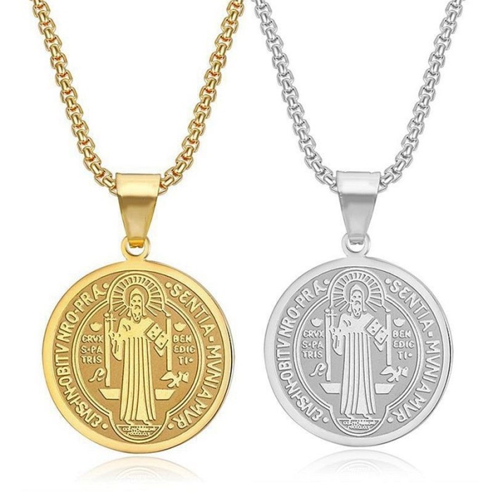 European and American cross-border stainless steel Saint Benedict necklace, exorcist double-sided stainless steel pendant, men's vintage round pendant jewelry