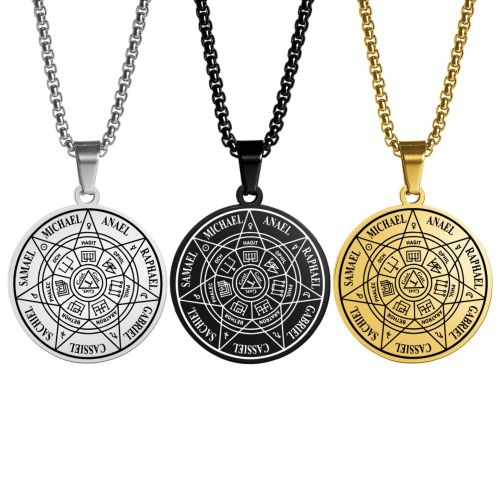 New cross-border Seven Archangels Magic Seal Tag Rune Pendant Stainless Steel Round Totem Seal Necklace for Men
