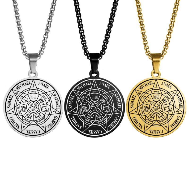 New cross-border Seven Archangels Magic Seal Tag Rune Pendant Stainless Steel Round Totem Seal Necklace for Men