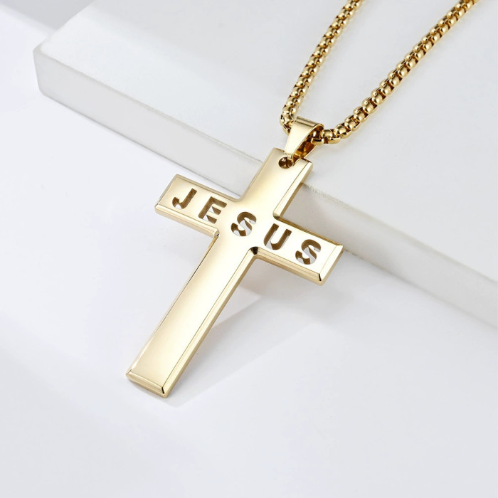 Cross-border Amazon Men's Stainless Steel Cross JESUS Hip-Hop Stainless Steel Pendant Necklace Personalized Jewelry Wholesale