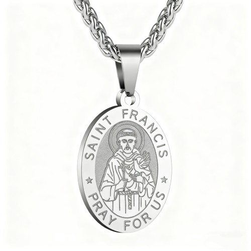 Cross-border Amazon Saint Francis Stainless Steel Guardian Angel Oval Pendant Necklace for Men and Women