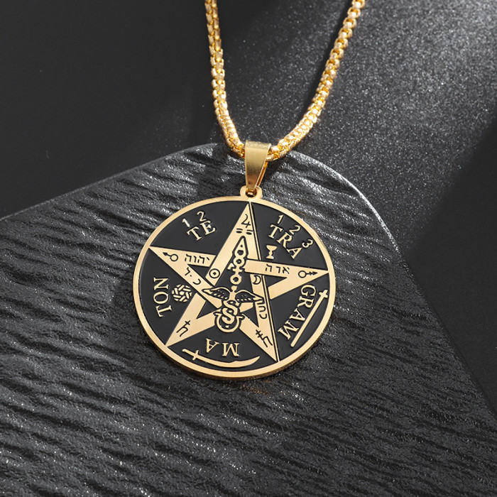 New cross-border personalized five-pointed star Solomon seal amulet necklace, vintage hip-hop men's and women's accessories