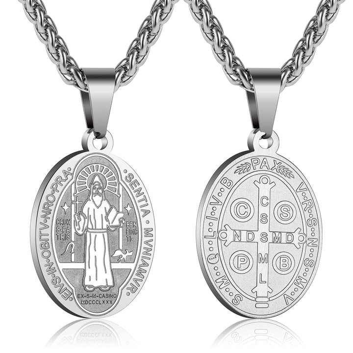 Cross-border Amazon stainless steel Father Benedict oval pendant vintage jewelry men's medal necklace wholesale for women