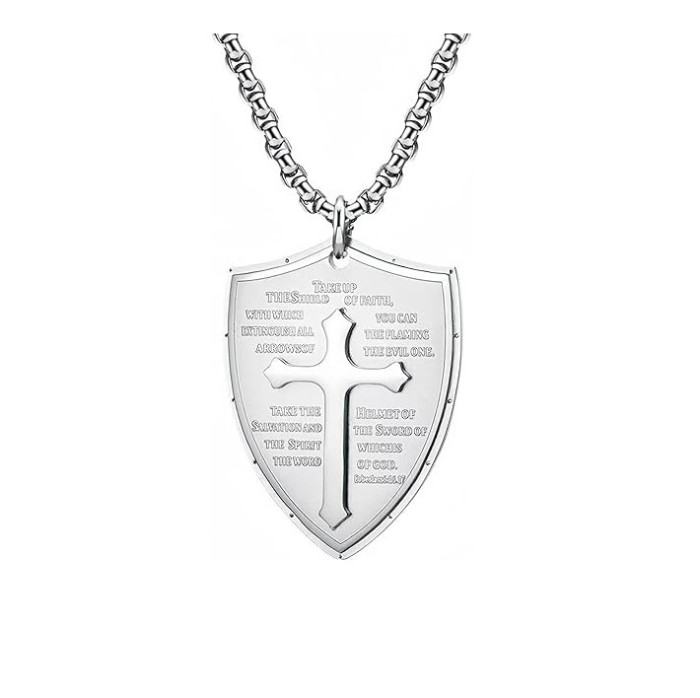 Cross-border Amazon European and American cross and shield multi-layer stainless steel necklace, men's niche personalized pendant jewelry for women