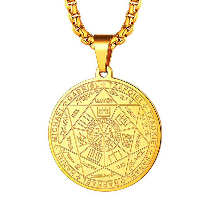 European and American religious scripture seven archangels medal sealed tag rune pendant stainless steel round pendant necklace men's accessory
