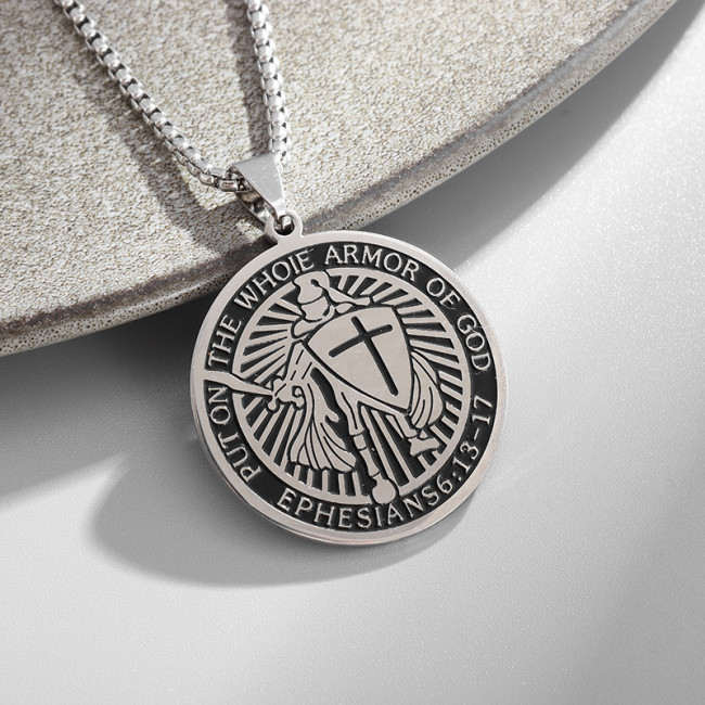New European and American cross-border men's vintage stainless steel cross shield Templar round medal necklace accessory