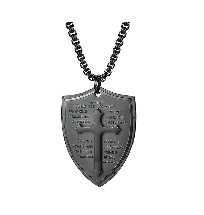 Cross-border Amazon European and American cross and shield multi-layer stainless steel necklace, men's niche personalized pendant jewelry for women