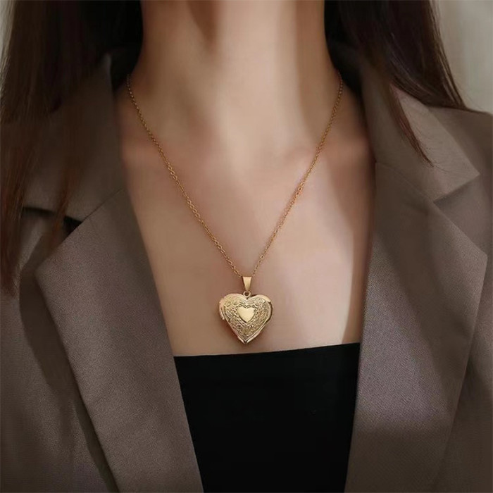 Amazon Cross-Border Stainless Steel Silver Gold Women's Openable Round Heart-Shaped Pattern Frame Pendant Necklace
