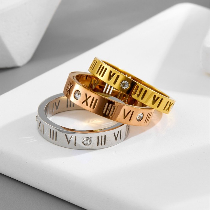 Jewelry Manufacturer Wholesales Simple Roman Numeral Stone-Studded Rings and Hollow Stainless Steel Couple Rings, E...