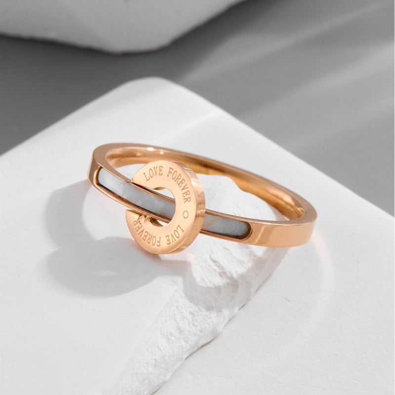 Japanese and Korean style letter round pendant natural white mother-of-pearl ring 18K rose gold minimalist style index finger ring for women