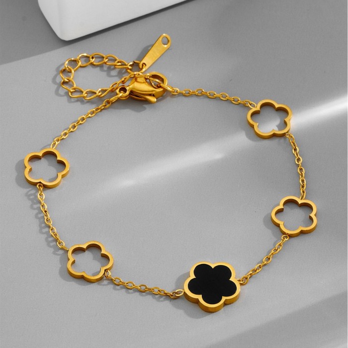Style Hollow Black and White Double-sided Five-leaf Clover Flower Titanium Steel Bracelet for Women, Fashionable and...