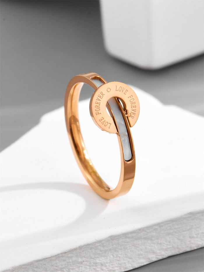 Japanese and Korean Style Letter Round Pendant Natural White Mother-of-pearl Ring 18K Rose Gold Minimalist Style Inde...