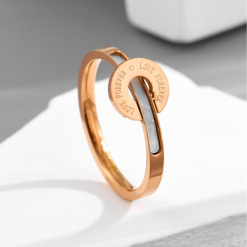 Japanese and Korean style letter round pendant natural white mother-of-pearl ring 18K rose gold minimalist style index finger ring for women